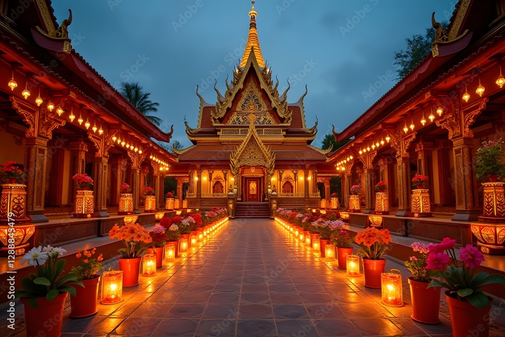 Naklejka premium A grand temple courtyard filled with colorful floral decorations and lit candles during the festival evening.