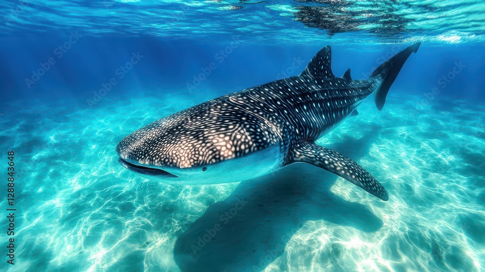 Naklejka premium A majestic whale shark swimming through crystal-clear waters, its large body moving gently through the open ocean.