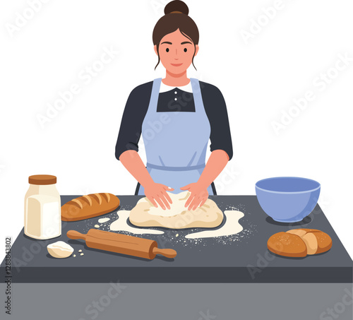 Woman kneading dough on kitchen counter with baking ingredients around her