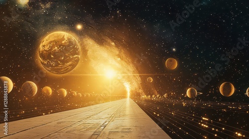A breathtaking cosmic alignment where the planets form a perfect illuminated pathway in space