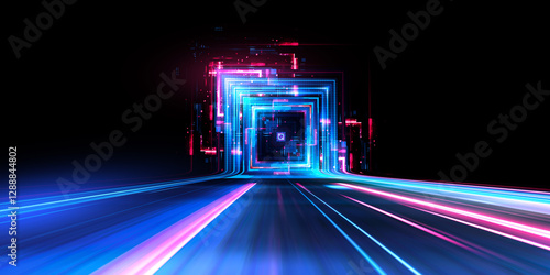 Empty digital podium with neon ligts. Glowing scene spotlights..Product Presentation. Stage panel. Exhibition rectangle stand. .Exposition hologram platform. RGB laser display. Success fashion studio.