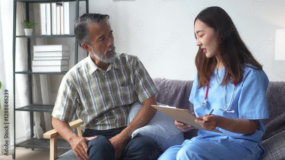 custom made wallpaper toronto digitalA woman in a blue uniform is talking to an older man. The woman is holding a clipboard and the man is sitting on a couch