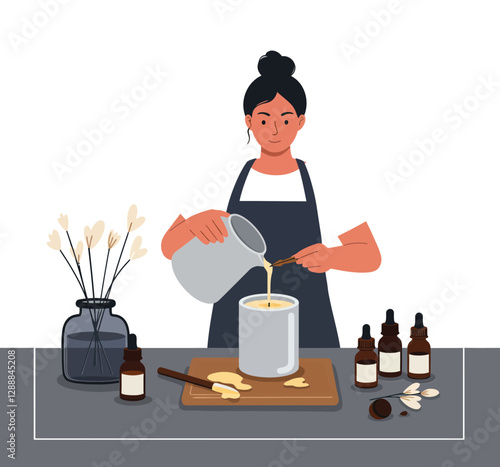 Woman pouring liquid into a container while crafting homemade candles in a cozy workspace