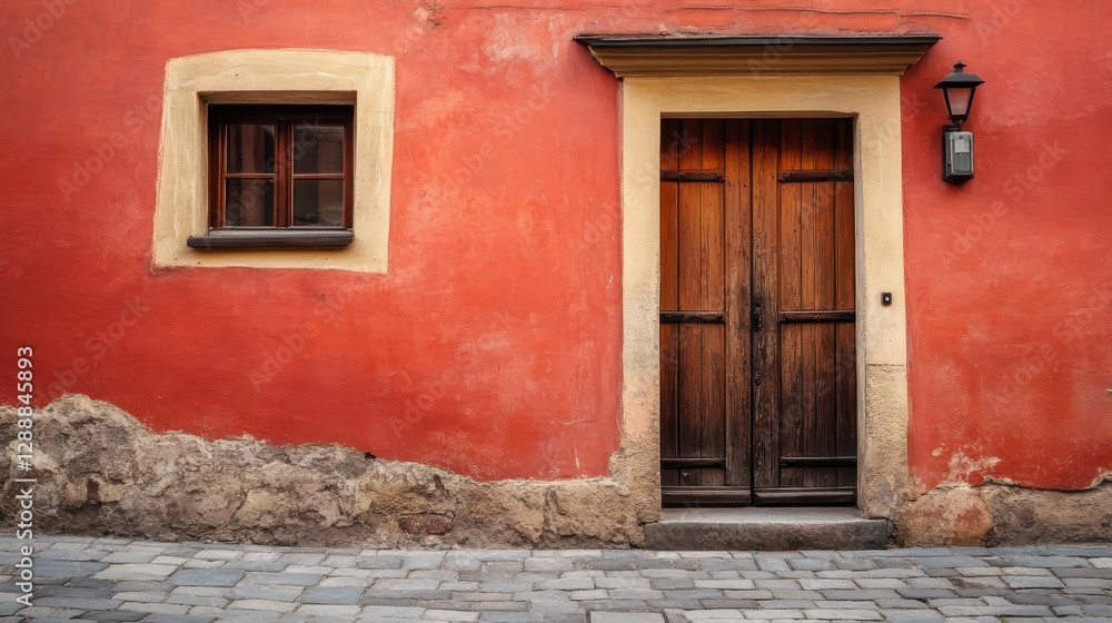 An old red building with a closed door An old red building with a closed door