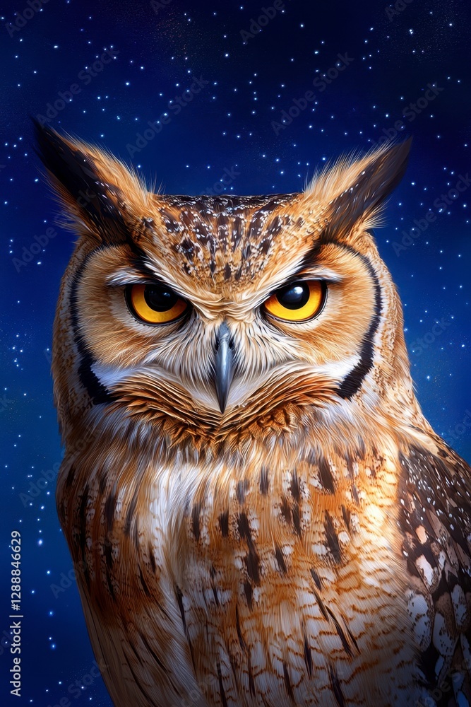 Close up of a brown and tan owl with bright yellow eyes, set against a dark blue night sky speckled with stars. Pixel art style Close up of a brown and tan owl with bright yellow eyes, set against a dark blue night sky speckled with stars. Pixel art style
