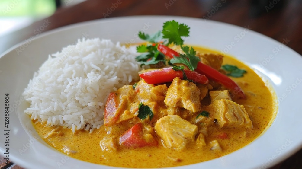 Delicious Chicken Curry Served with Steamed White Rice and Herbs Delicious Chicken Curry Served with Steamed White Rice and Herbs