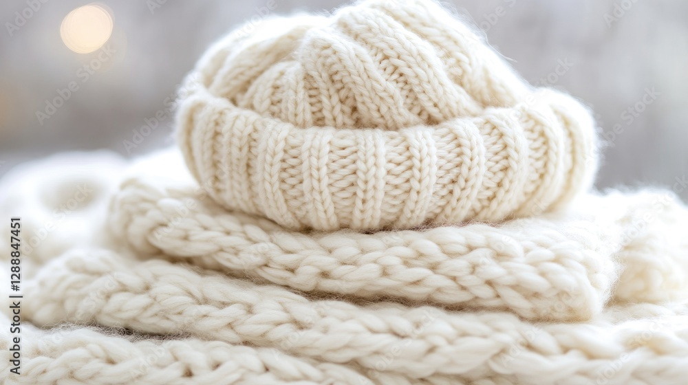 Cozy winter knitwear stack, snowy window background, warmth and comfort, lifestyle blog Cozy winter knitwear stack, snowy window background, warmth and comfort, lifestyle blog