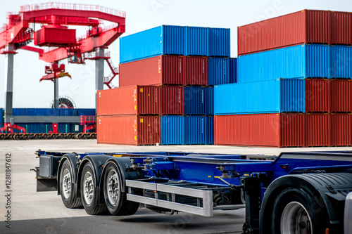 A blue and red container ship is docked at a port