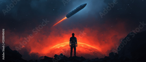 Earth demise Doomsday. Silhouette of a person with a rocket launch against a cosmic background.