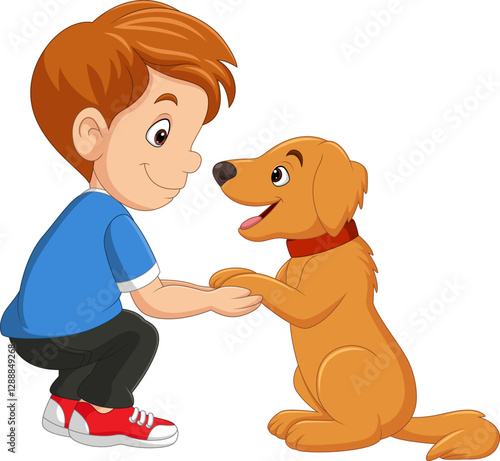 Cartoon illustration of little boy having fun with little dog