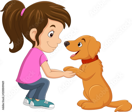 Cartoon illustration of little girl having fun with little dog