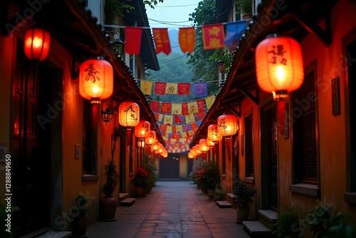 A narrow alley decorated with colorful fabric banners, lanterns glowing softly at night. photo