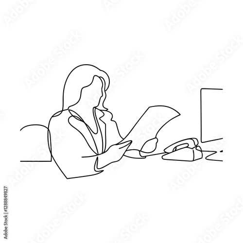 Businesswoman reviewing documents at desk, singleline art, office work