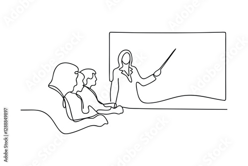 Oneline drawing Teacher instructing student, whiteboard presentation