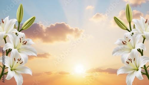 white lilies framing golden sunset sky, serene funeral background, peaceful memorial template, spiritual condolence and remembrance design