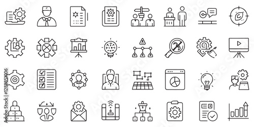 Project Management Line Icons – 30 Editable Stroke Outline Icons for Planning, Development, and Strategy

