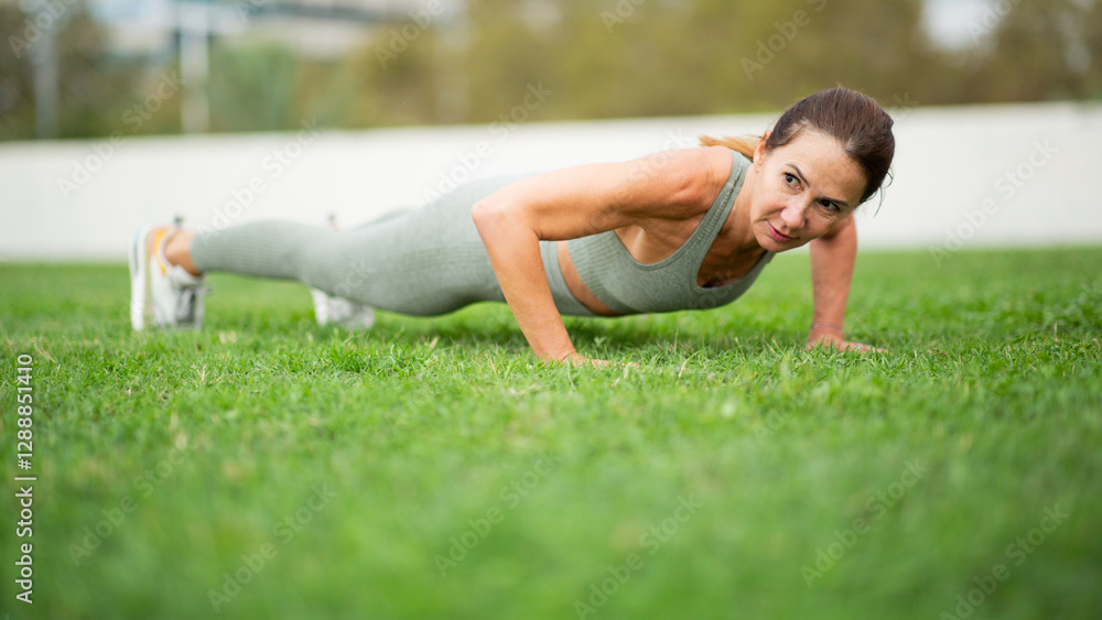 healthy woman performs push-up exercise on green grass in urban park healthy woman performs push-up exercise on green grass in urban park
