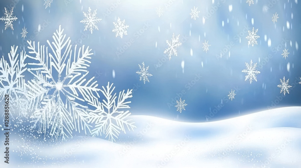 Snowfall on a Winter Landscape with Snowflakes and Blue Background Snowfall on a Winter Landscape with Snowflakes and Blue Background