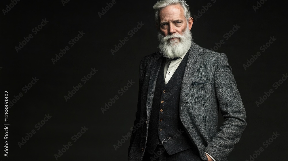 Stylishly dressed older man with a beard in a textured suit against a dark background. Stylishly dressed older man with a beard in a textured suit against a dark background.