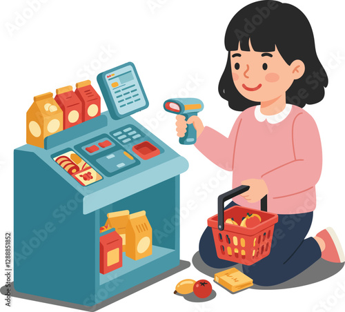 Child using self-checkout machine to scan groceries in a store setting