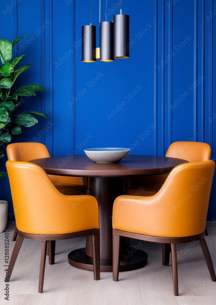 Fototapeta premium Round dark brown wooden table with four mustard yellow leather chairs in a room with a deep blue wall and modern pendant lights