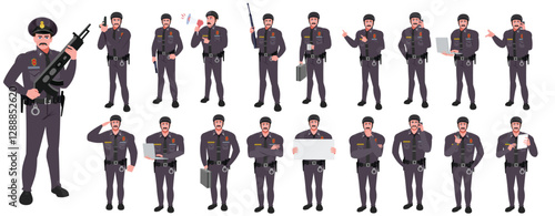 Police Officer Character Design Model Sheet. Man, Character design. Front, side, back view and explainer animation poses. Character set with lip sync and Walk cycle animation sequences.