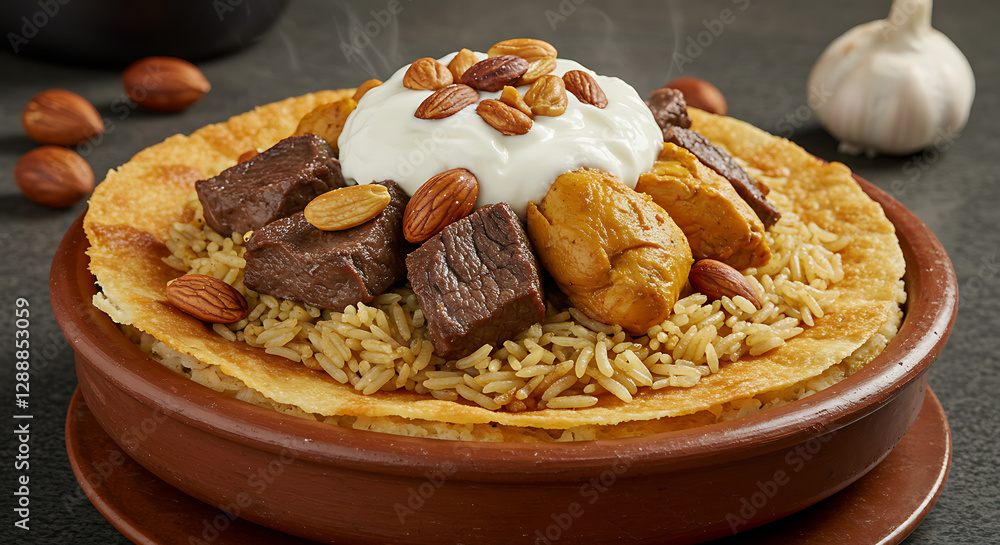 Fototapeta premium Authentic Arabic Meat Fatteh Served in a Clay Plate with Rice and Yogurt
