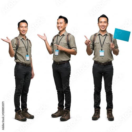 Photograph of Tour Guide with Name Tag in Various Poses Holding a Blue Flag