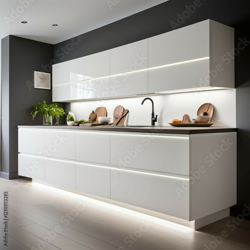 Floating Kitchen Cabinets: A sleek kitchen with handleless, floating white cabinets and soft LED underlighting. photo