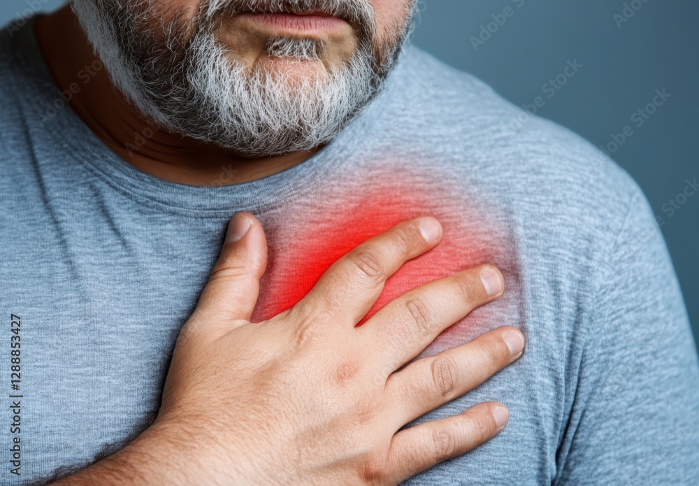 Fototapeta premium Close up of a man's chest experiencing discomfort, hand placed over the area of pain. The man is middle aged with a graying beard. The background is