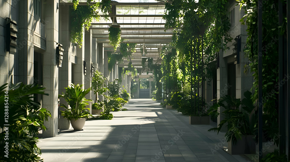 Obraz premium Sunlit Modern Urban Pathway with Lush Greenery and Concrete Architecture