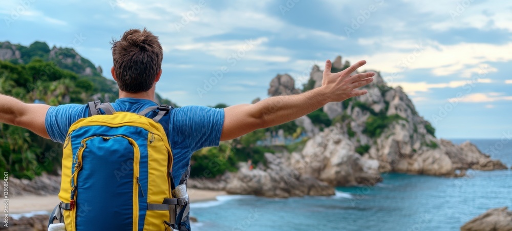 Fototapeta premium Man with arms outstretched, enjoying coastal view. Backpack, blue shirt, rocky coastline, ocean. Bright, outdoor shot