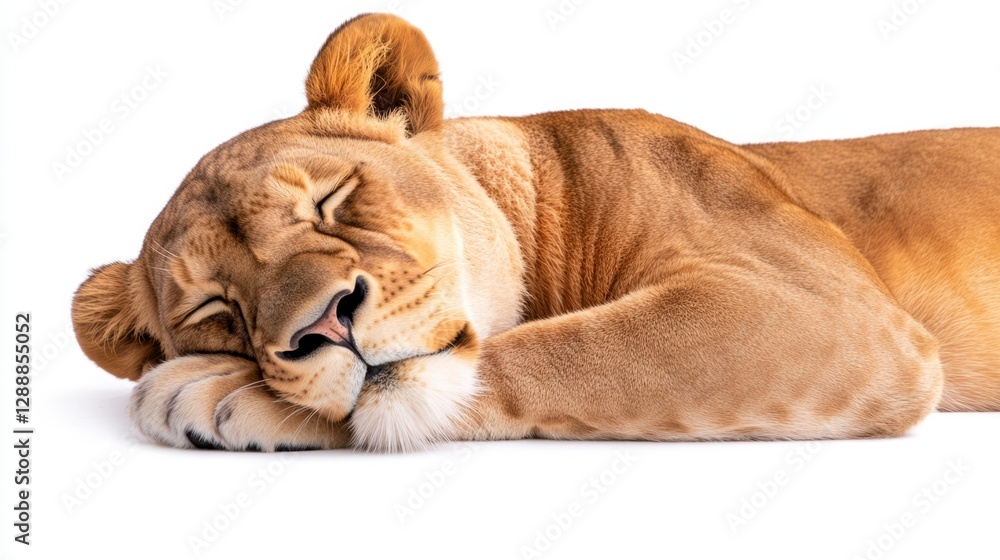 Obraz premium A tawny lioness lies peacefully asleep on a white background, her eyes closed and paws tucked neatly beneath her head. The image is bright and clean