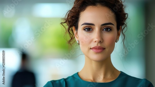 Leadership development training confidence concept. A confident woman with curly hair gazes thoughtfully, wearing a teal top, in a softly blurred, modern background. Free Download Leadership development training confidence concept. A confident woman with curly hair gazes thoughtfully, wearing a teal top, in a softly blurred, modern background. - GFXLoad