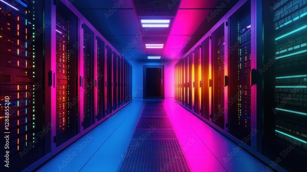 Fototapeta premium A futuristic data center illuminated with vivid colors, featuring rows of powerful servers and advanced network equipment.