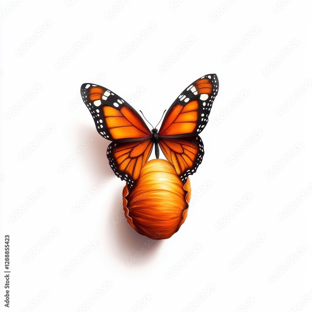 Obraz premium A vibrant orange butterfly emerges from its cocoon, symbolizing transformation and beauty against a minimalist background.