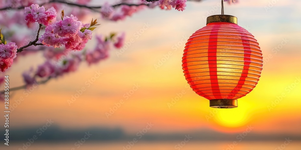 Obraz premium Sunset serenity Pink blossoms, paper lantern, tranquil waters. Perfect for relaxation themes