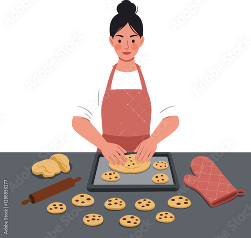 Woman baking cookies in a kitchen with dough and baking tray on the counter