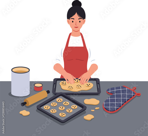 Woman baking cookies with dough on trays in a cozy kitchen setting