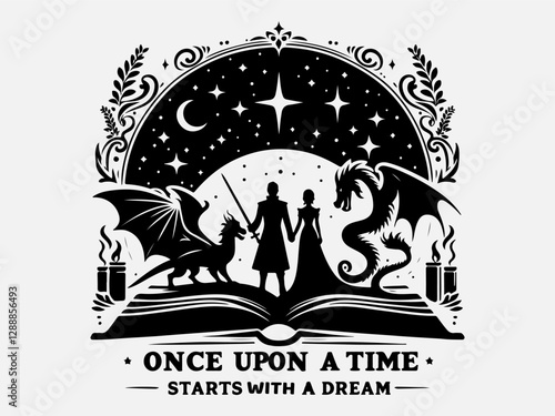 National Tell a Fairy Tale Day Silhouette Vector Illustration with the text ''Once upon a time starts with a dream"