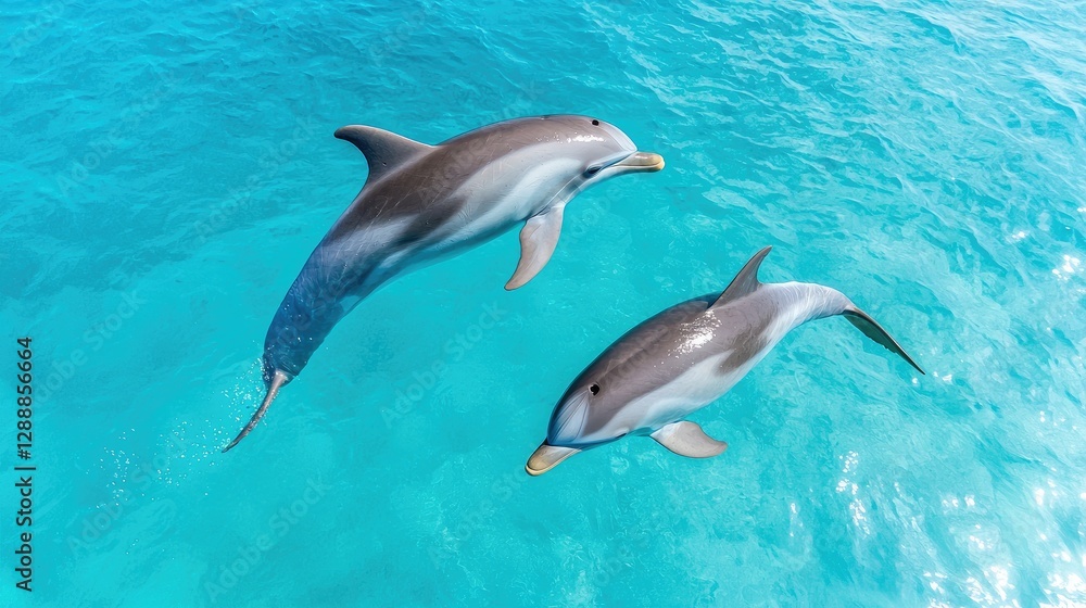 Dolphins leaping, turquoise ocean, aerial view, wildlife Dolphins leaping, turquoise ocean, aerial view, wildlife