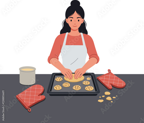 Woman baking cookies in a modern kitchen with oven mitts and baking sheet