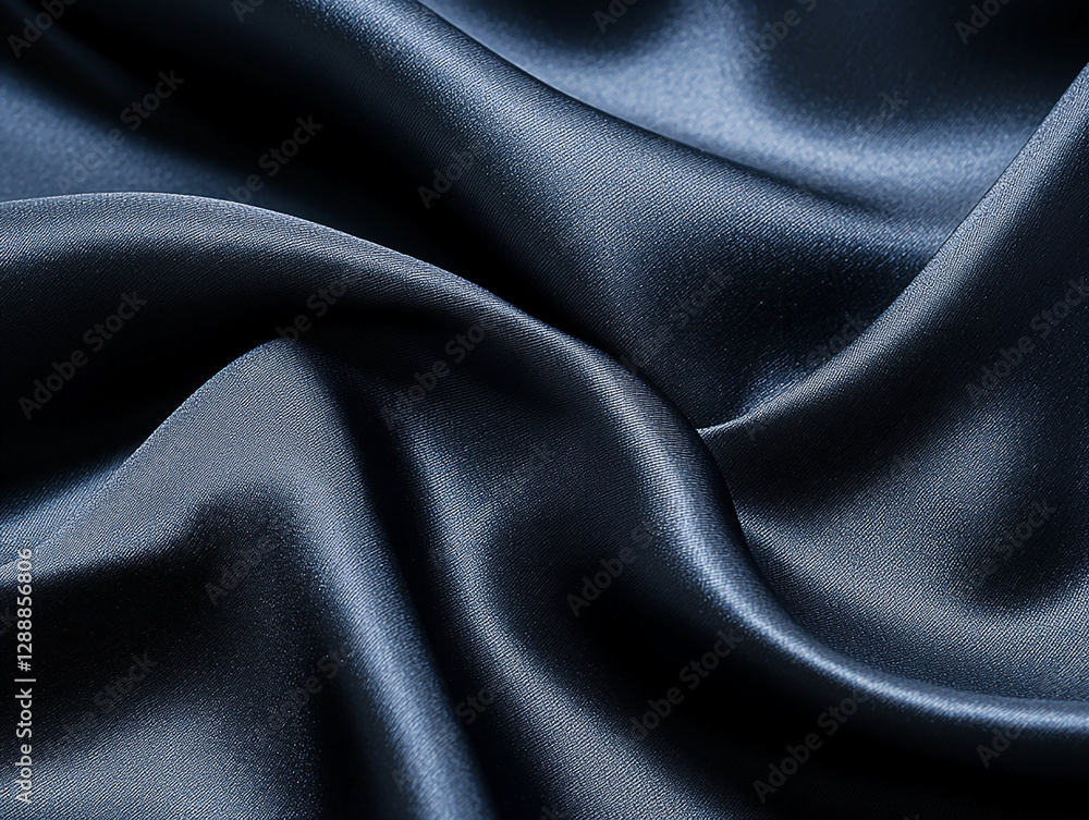 Fototapeta premium Luxurious dark blue satin fabric draped elegantly, showcasing smooth texture and sheen