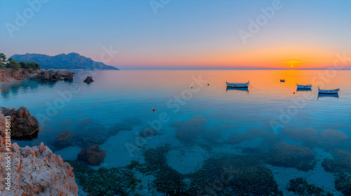 Sunrise over calm sea, boats anchored, rocky shore, mountain backdrop; travel postcard