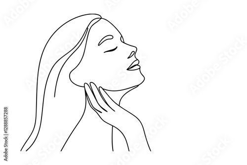 Serene Woman, Minimalist Line Art, Skincare, Beauty, Face, Hair, Elegant, Graceful, Peaceful, Portra