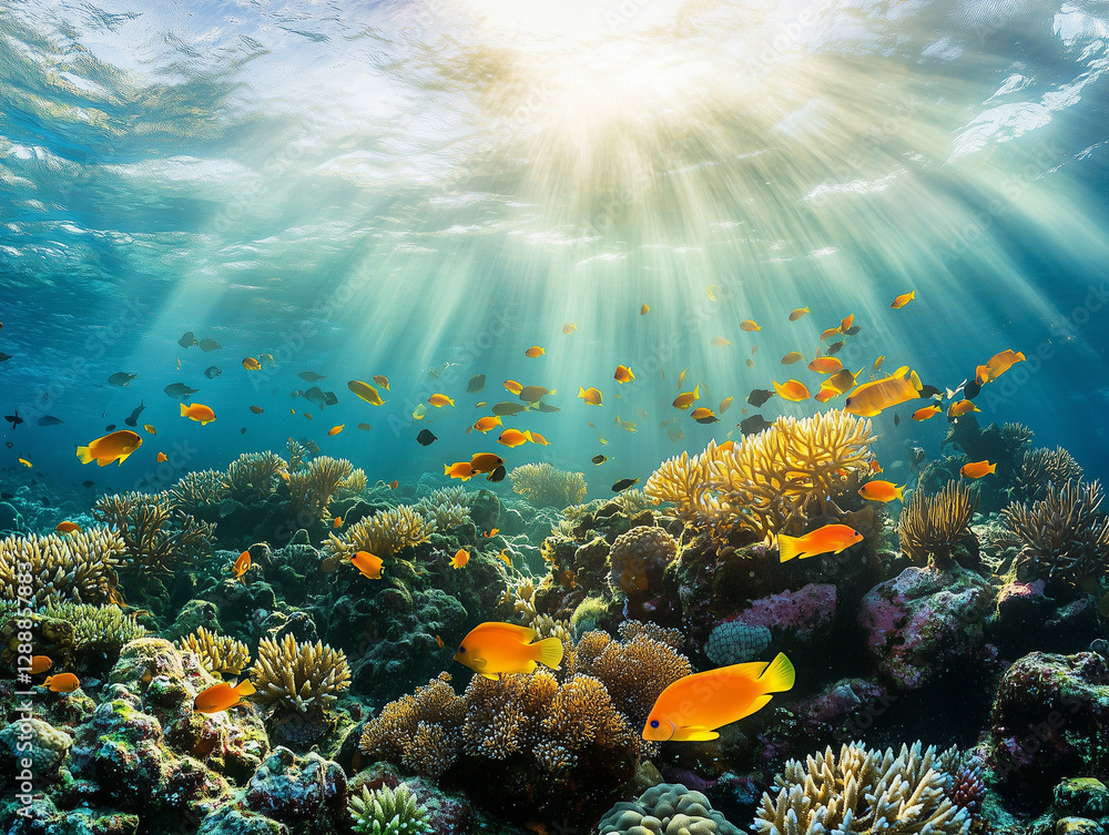 Naklejka premium a coral reef ecosystem showcasing intricate coral textures with clownfish swimming around their anemone homes