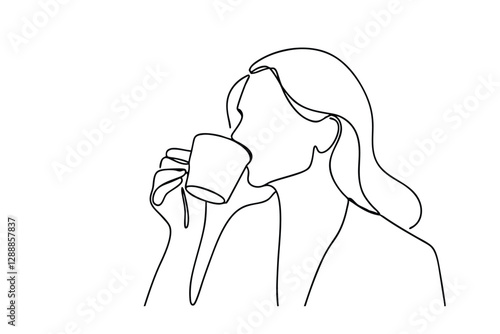Woman Drinking Coffee Minimalist Line Art Single Stroke Sketch