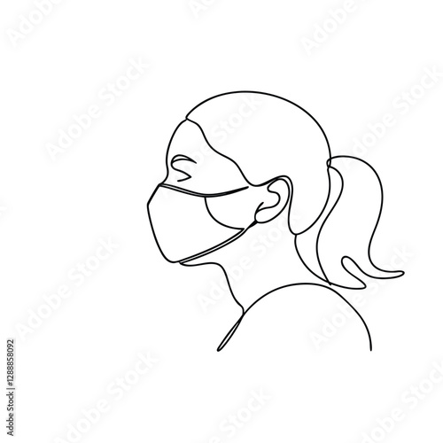 Woman Wearing Protective Face Mask, Line Art Illustration