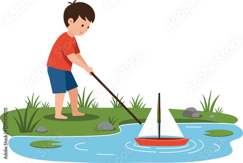 Boy using a stick to guide a toy sailboat on a peaceful pond