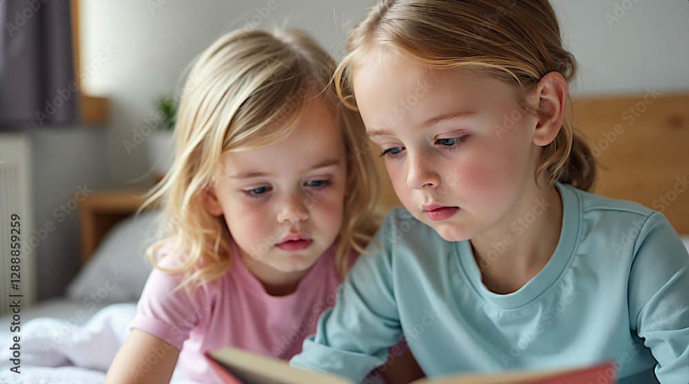 Two girls reading a book on a bed in a cozy children's room. Two girls reading a book on a bed in a cozy children's room.